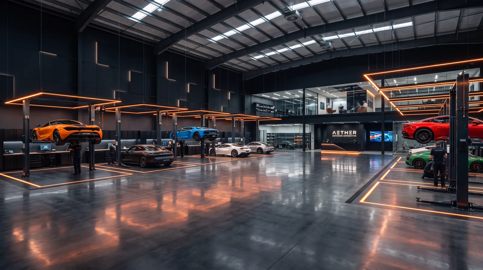 Oficina moderna com carros em elevadores iluminados