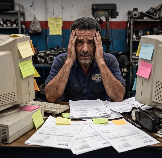 Seu Pedro no caos: papéis, post-its e computador velho