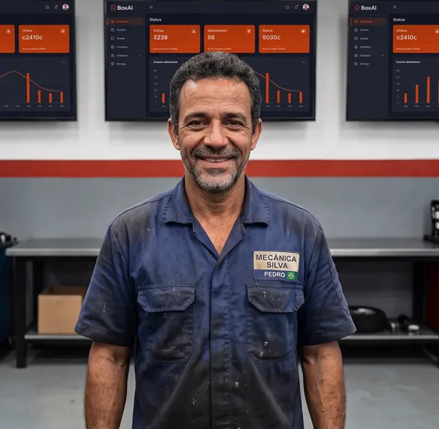 Seu Pedro tranquilo, com a oficina no controle pela BoxAI